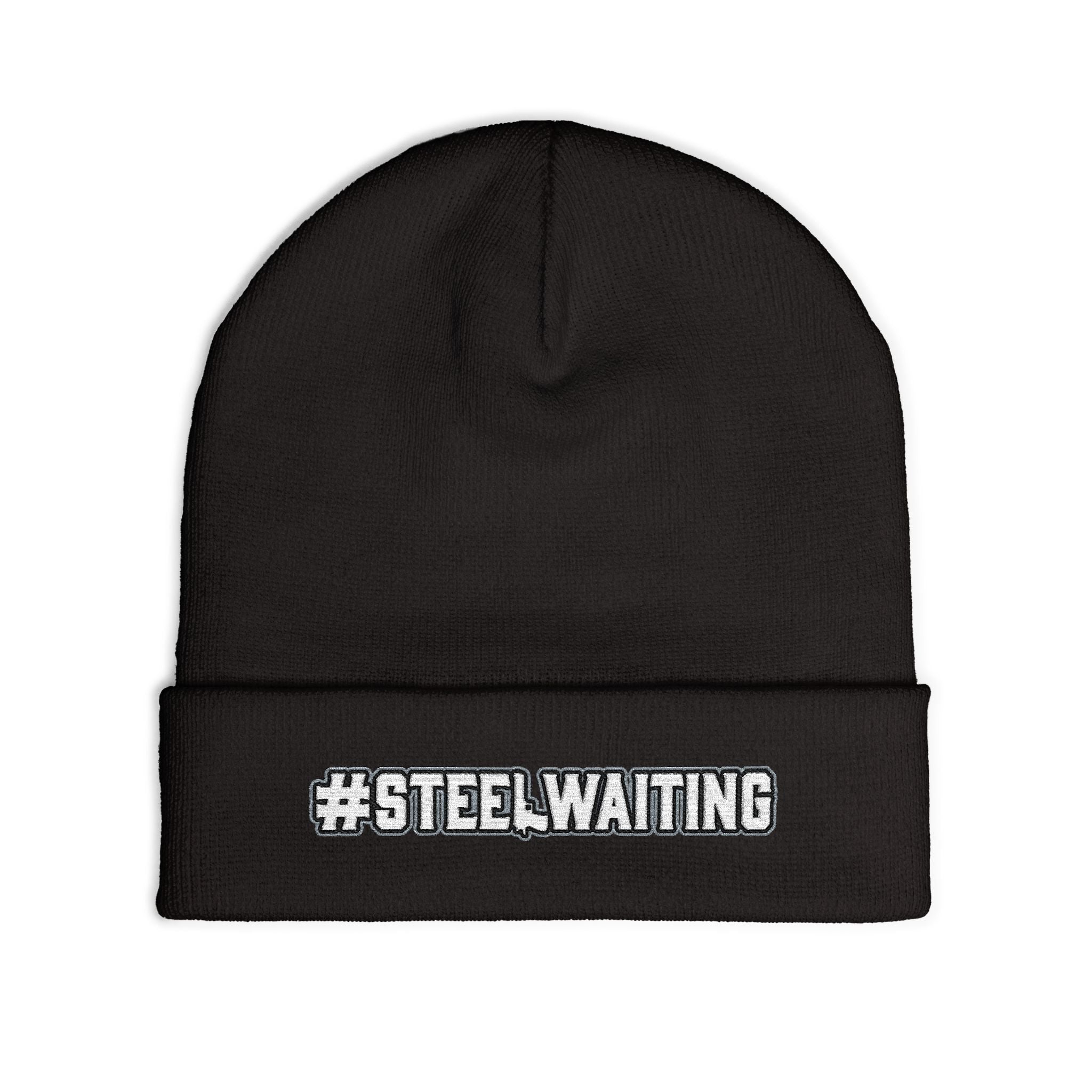 #STEELWAITING Embroidered Knit Beanie — Cozy Black Cuffed Hat for Second amendment enthusiasts