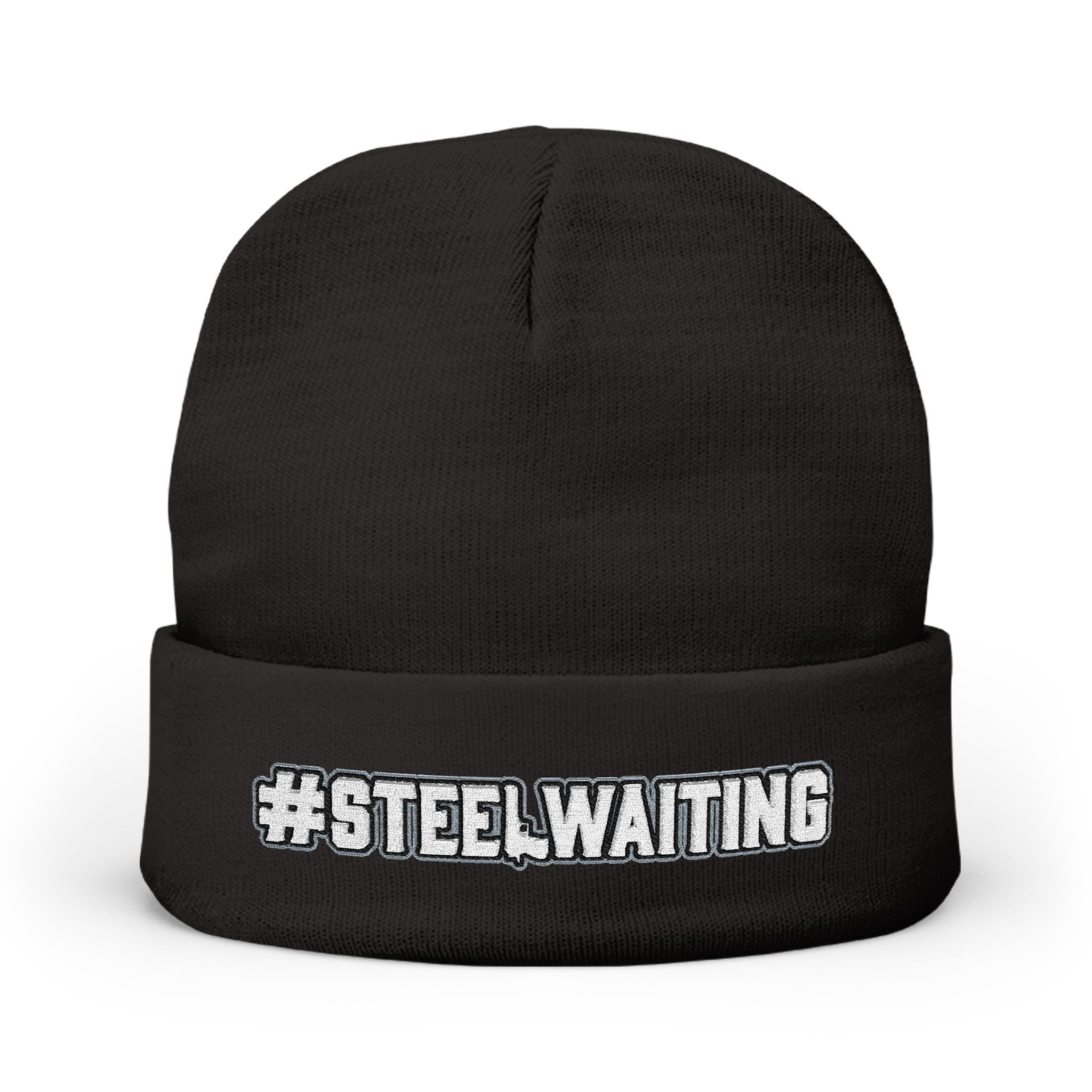 #STEELWAITING Embroidered Knit Beanie — Cozy Black Cuffed Hat for Second amendment enthusiasts
